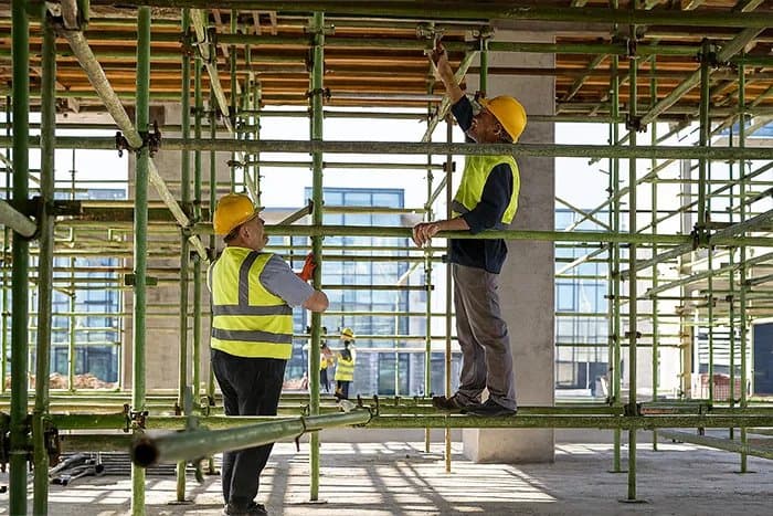 Two workers in hi-vis vests and helmets assembling a painted tube-and-fitting scaffold from a timber deck inside a building under construction.
