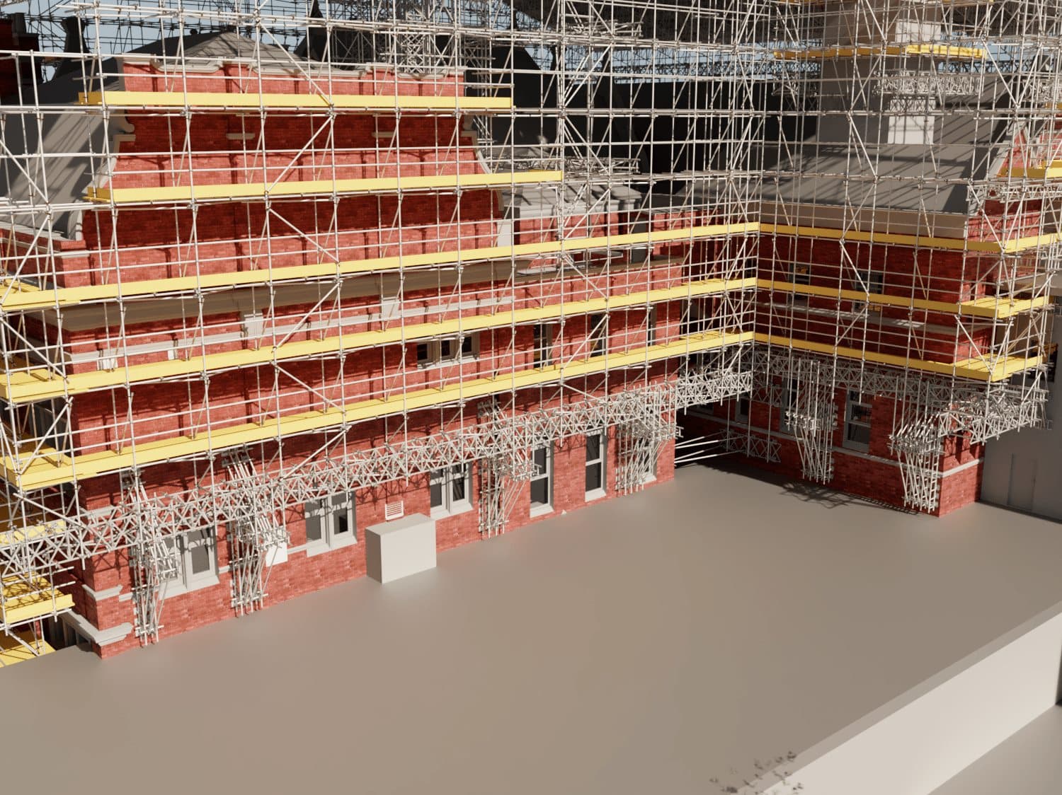 Scaffold layout drawing showing a multi-lift access scaffold with yellow platform boards wrapped around the elevations of a brick building.