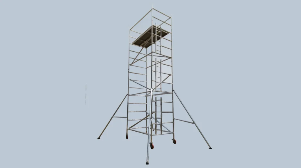Aluminium mobile access tower on castors with stabiliser outriggers and a platform in place at the top, photographed against a plain pale background.