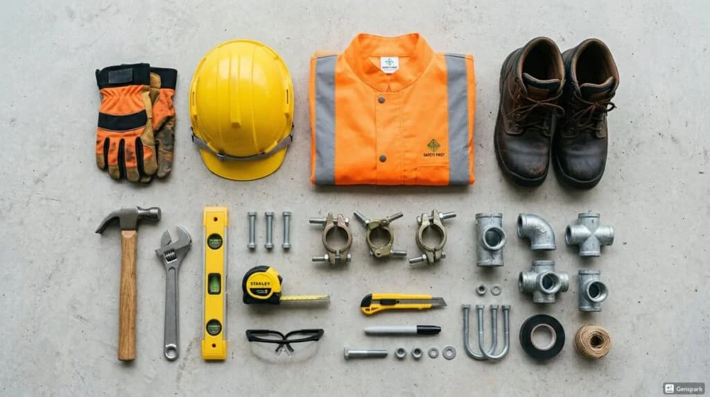 Building materials and site consumables arranged on a concrete floor: work gloves, a safety helmet, a hi-vis vest, safety boots, a hammer, a wrench, a spirit level, a tape measure, a knife, safety glasses, scaffold couplers and galvanised pipe fittings.