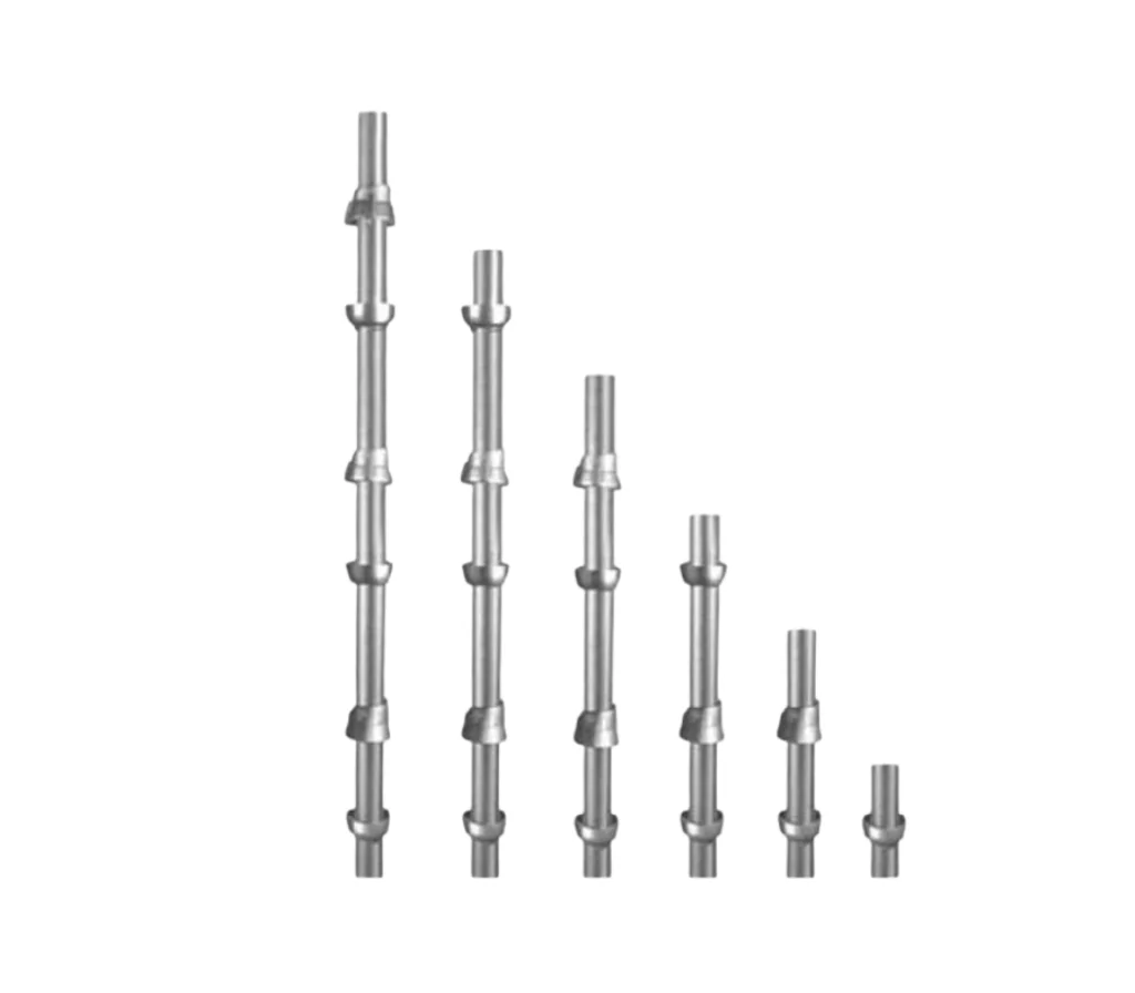 Six hot-dip galvanised cup lock standards of different lengths, each with a fixed lower cup at intervals, shown against a white background.