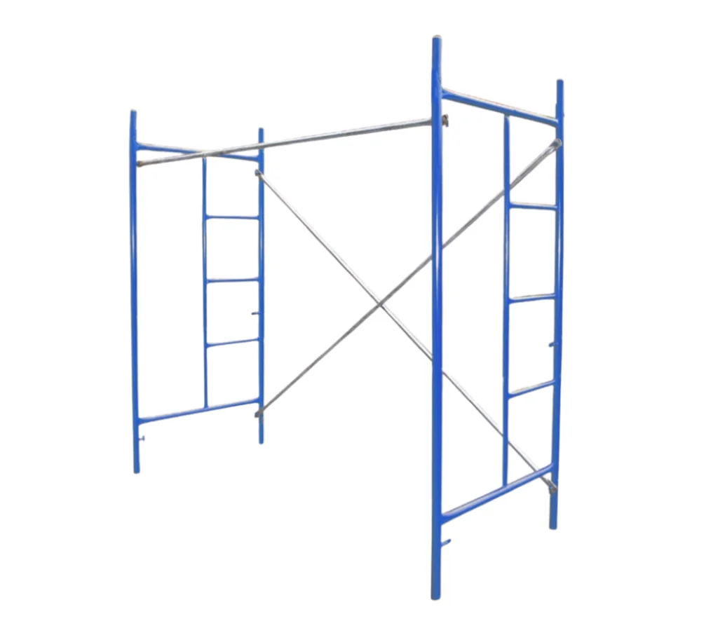 Two blue-painted steel H frames with diagonal cross bracing and built-in access rungs, shown against a white background.