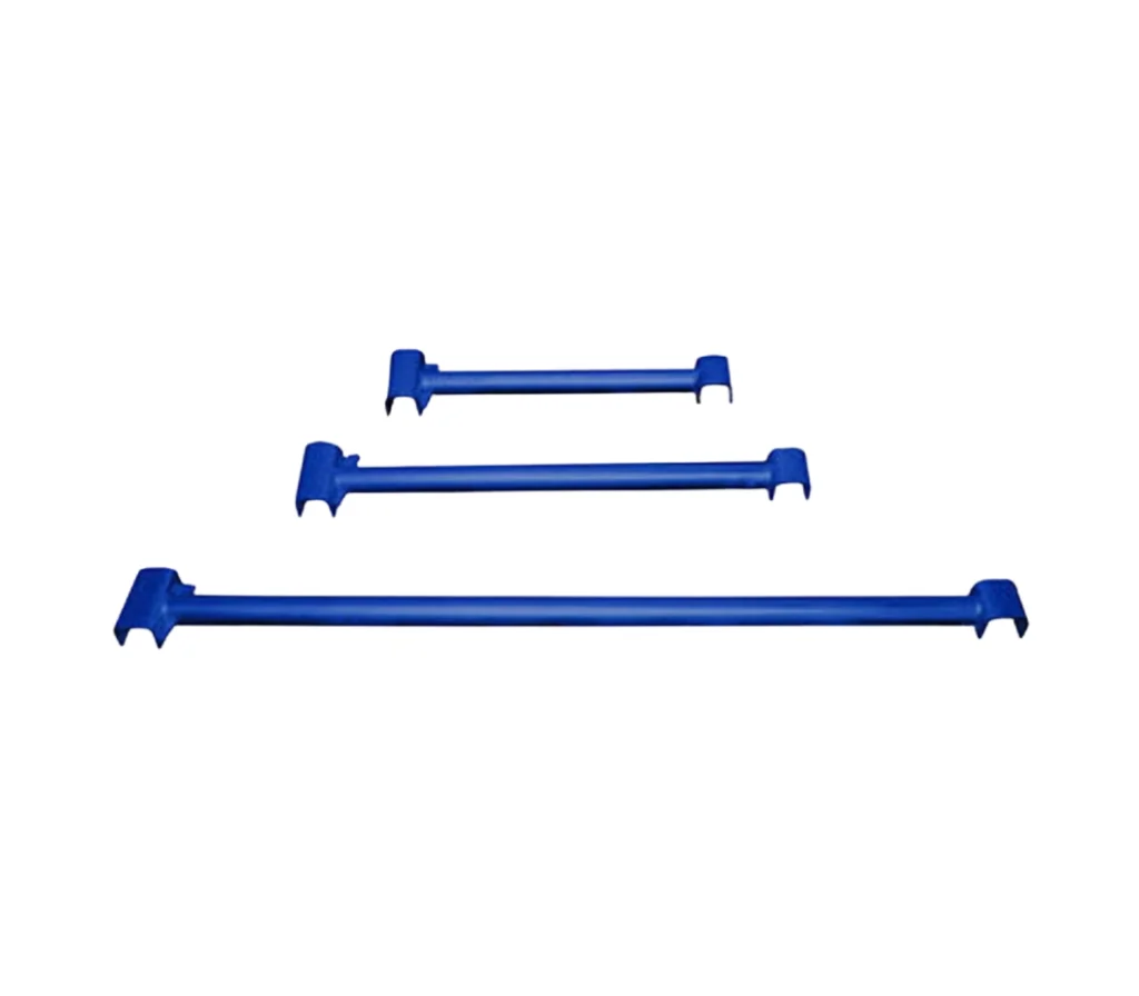 Three blue-painted steel transoms of different lengths, each with an end fitting at both ends, photographed against a white background.