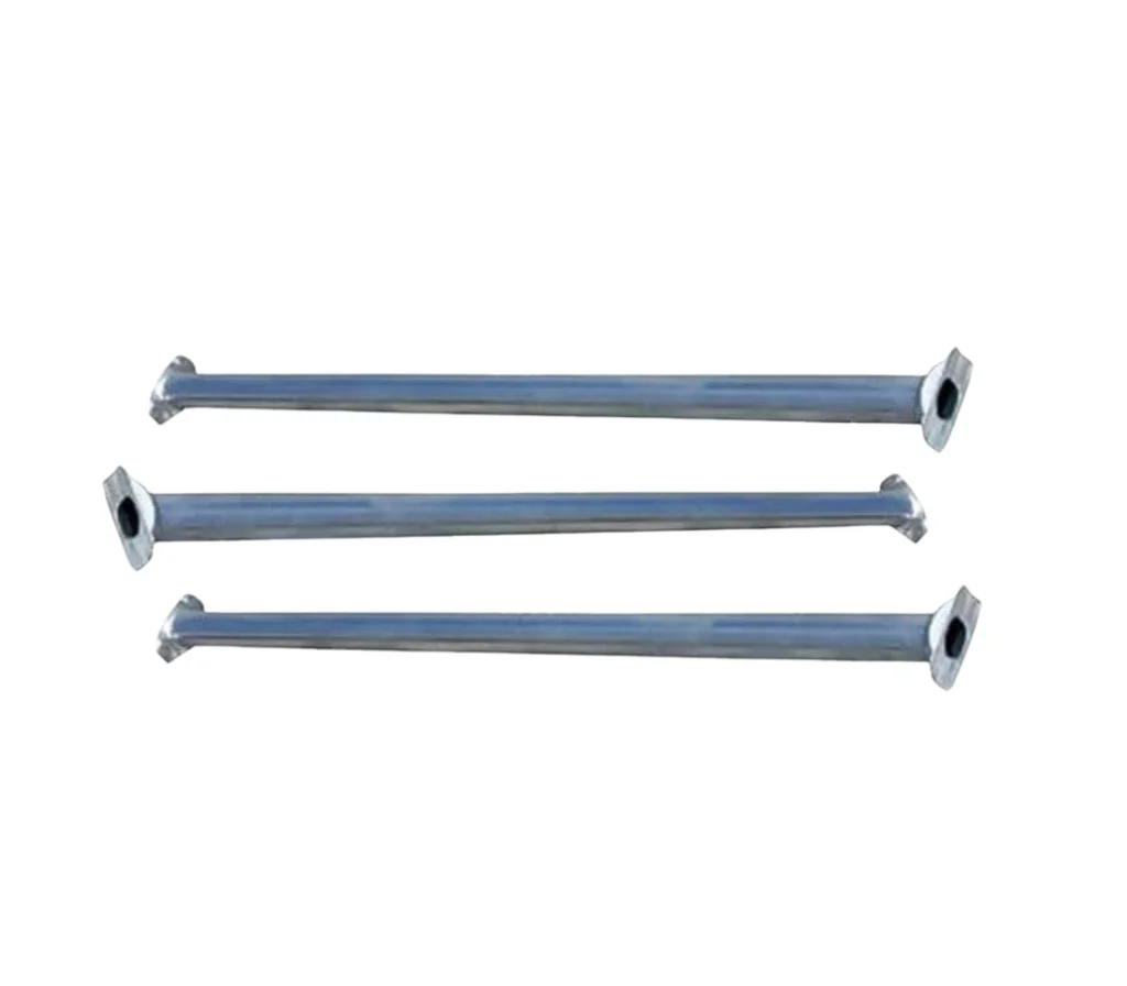 Three galvanised steel ledgers of different lengths, each with an end fitting at both ends, photographed against a white background.