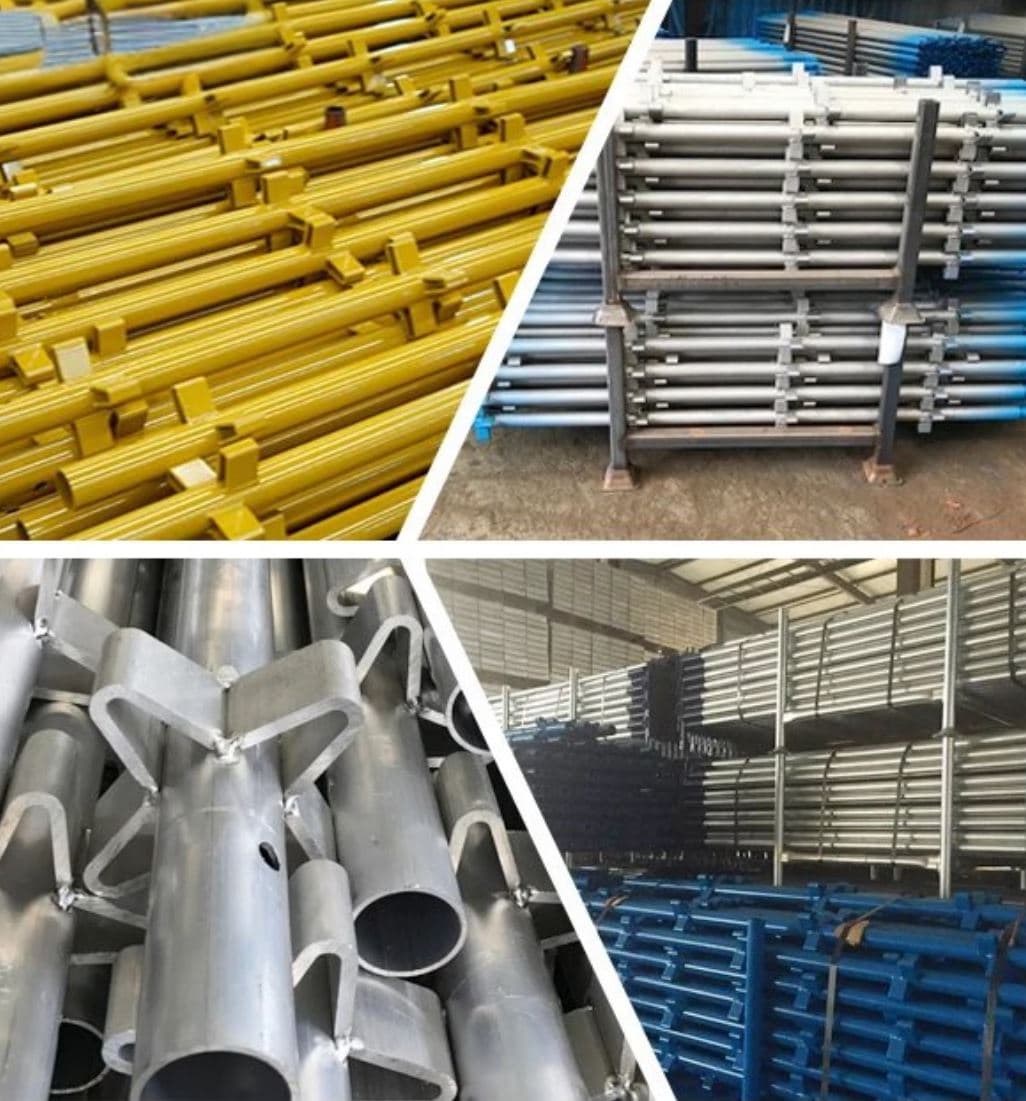 Four panels showing yellow prop jacks, stacked galvanised frames, cup lock fittings and painted blue steel frames in storage.