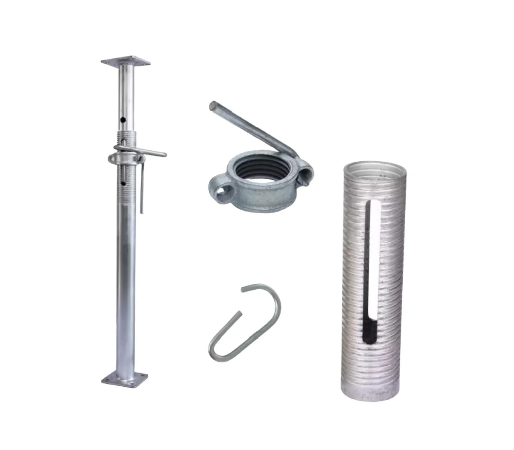 Galvanised adjustable prop jack with a threaded collar and top and base plates, shown beside a threaded coupler, a U-head pin and a threaded tube on a white background.