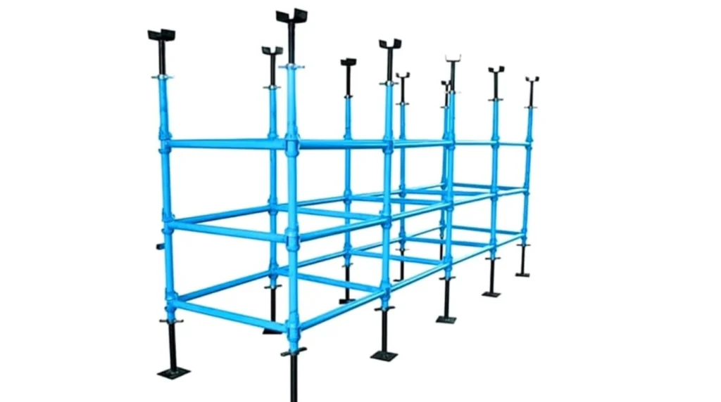 Blue steel cup lock scaffold frame with adjustable screw jacks at the base and U-heads at the top, photographed on a white background.
