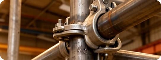 A right-angle scaffolding coupler clamped onto a steel scaffold tube, photographed in a workshop.